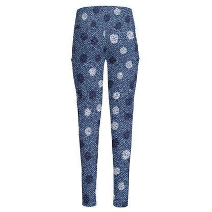 Cute Polka Dot Denim Jeans Pattern Print High-Waisted Pocket Leggings