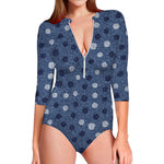 Cute Polka Dot Denim Jeans Pattern Print Long Sleeve Swimsuit