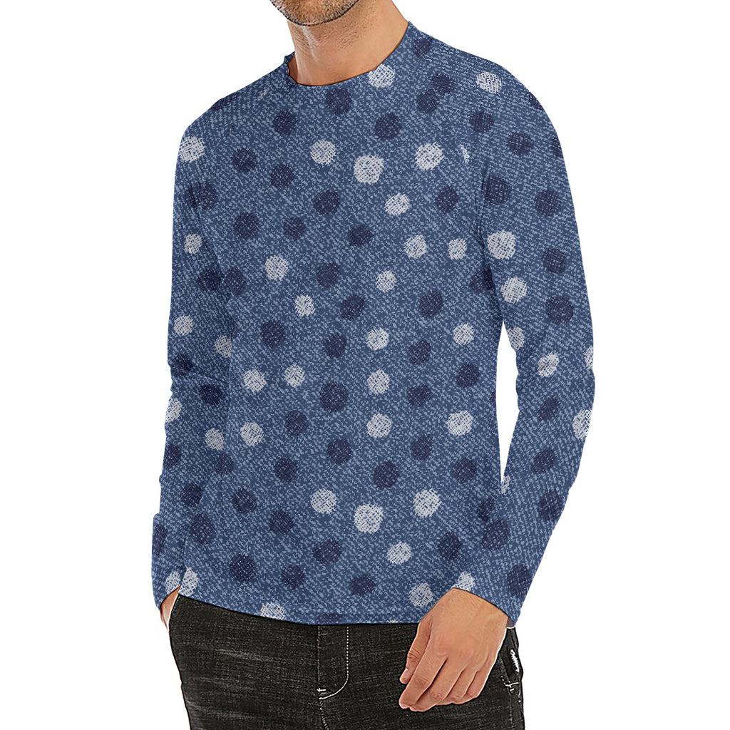 Cute Polka Dot Denim Jeans Pattern Print Men's Long Sleeve Rash Guard