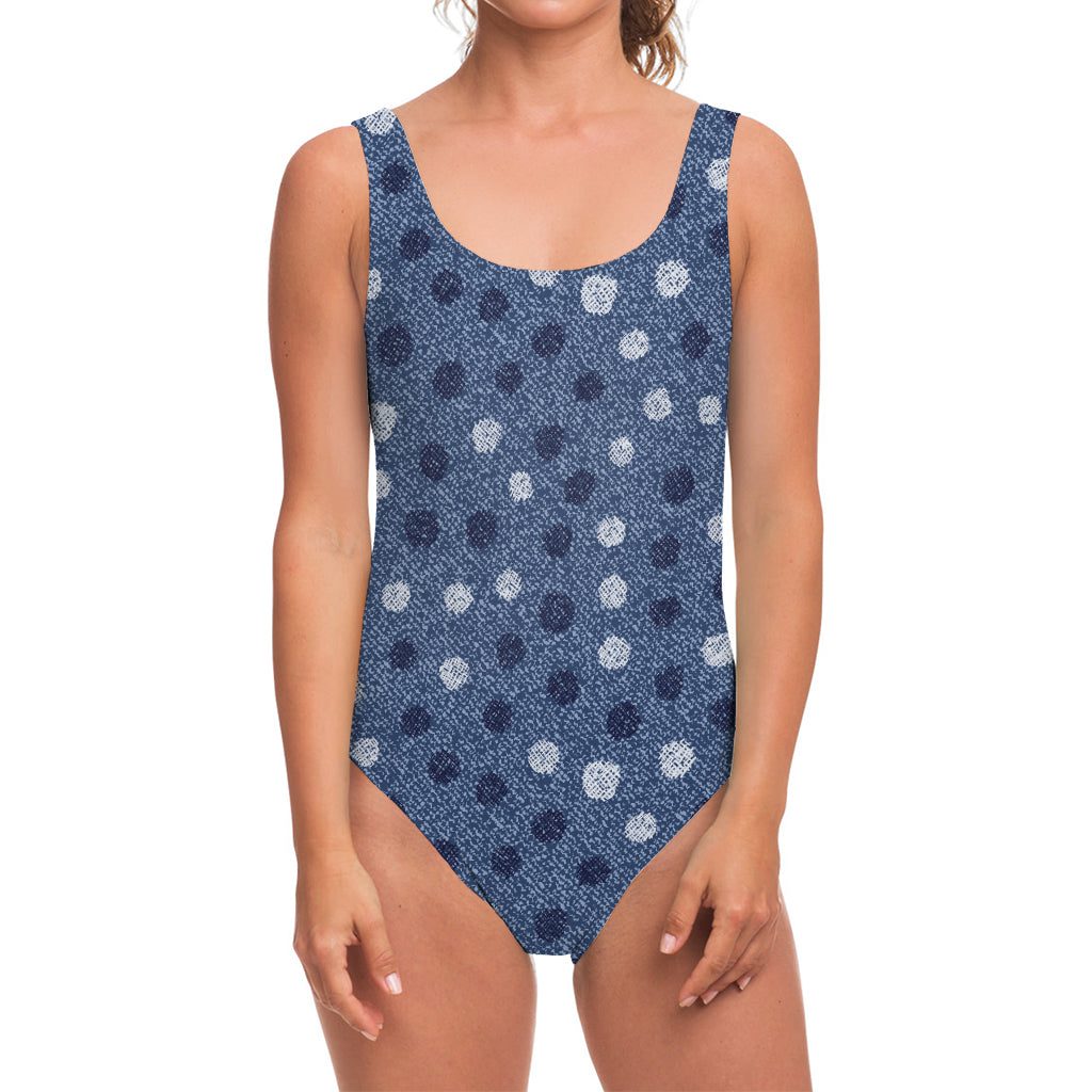 Cute Polka Dot Denim Jeans Pattern Print One Piece Swimsuit