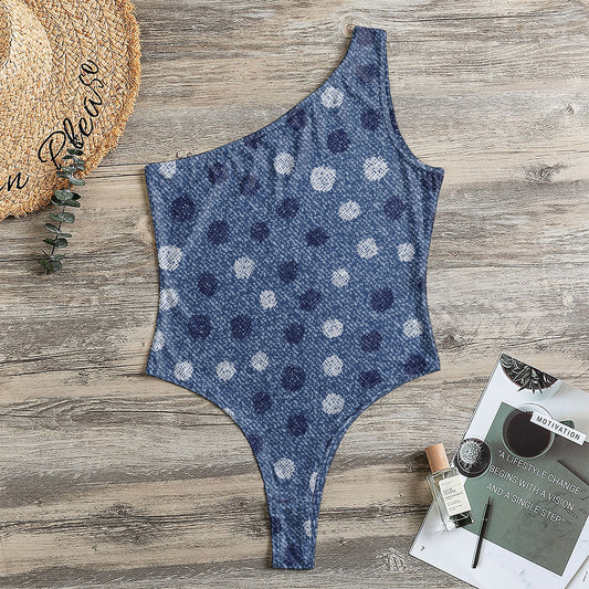 Cute Polka Dot Denim Jeans Pattern Print One Shoulder Bodysuit