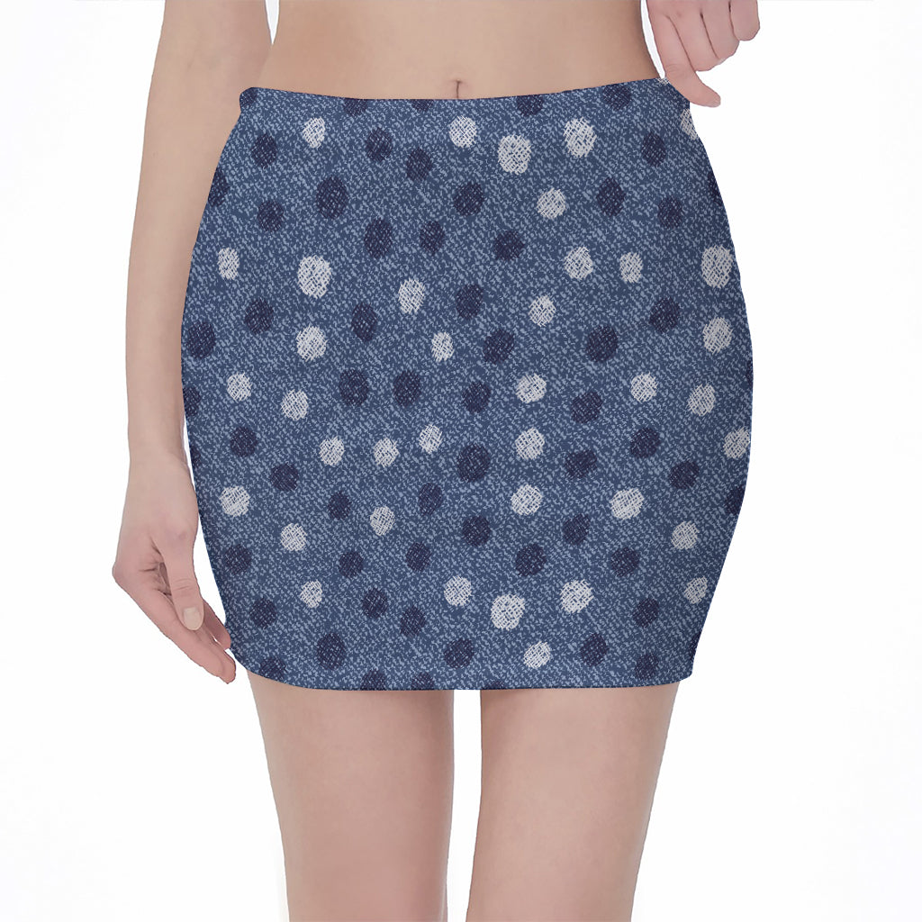 Cute Polka Dot Denim Jeans Pattern Print Pencil Mini Skirt