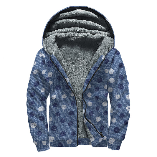 Cute Polka Dot Denim Jeans Pattern Print Sherpa Lined Zip Up Hoodie