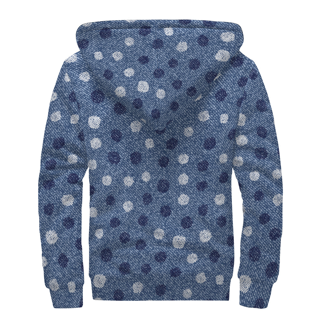 Cute Polka Dot Denim Jeans Pattern Print Sherpa Lined Zip Up Hoodie