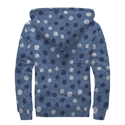 Cute Polka Dot Denim Jeans Pattern Print Sherpa Lined Zip Up Hoodie