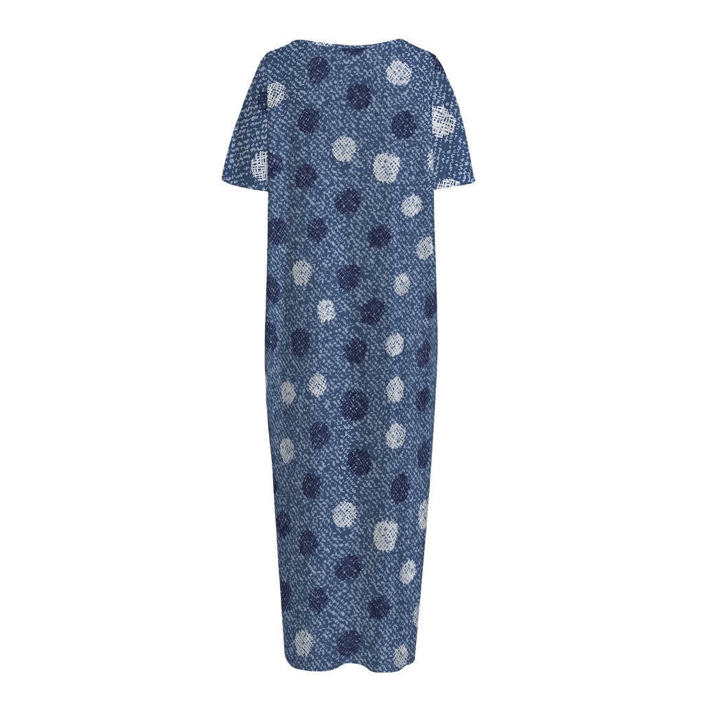 Cute Polka Dot Denim Jeans Pattern Print Short Sleeve Long Nightdress