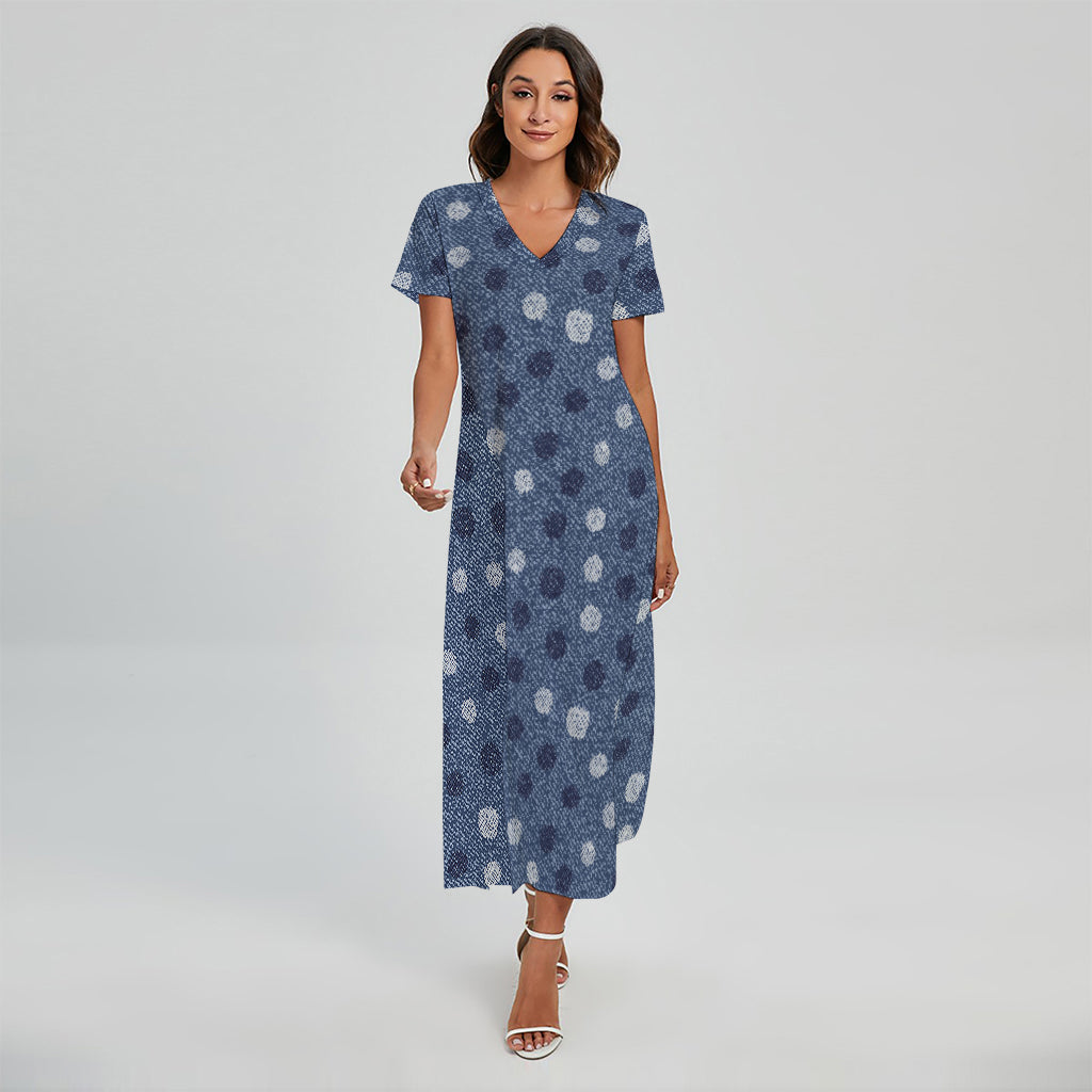 Cute Polka Dot Denim Jeans Pattern Print Short Sleeve Maxi Dress