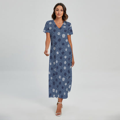 Cute Polka Dot Denim Jeans Pattern Print Short Sleeve Maxi Dress