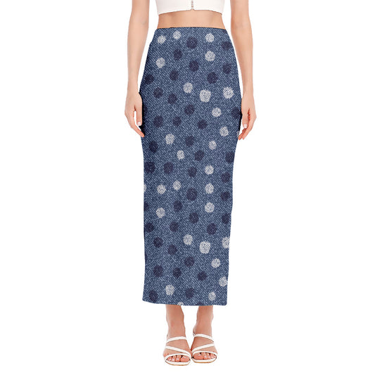 Cute Polka Dot Denim Jeans Pattern Print Side Slit Maxi Skirt
