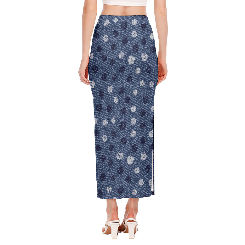 Cute Polka Dot Denim Jeans Pattern Print Side Slit Maxi Skirt