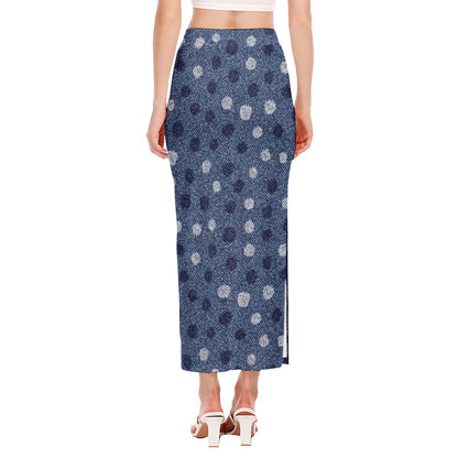 Cute Polka Dot Denim Jeans Pattern Print Side Slit Maxi Skirt