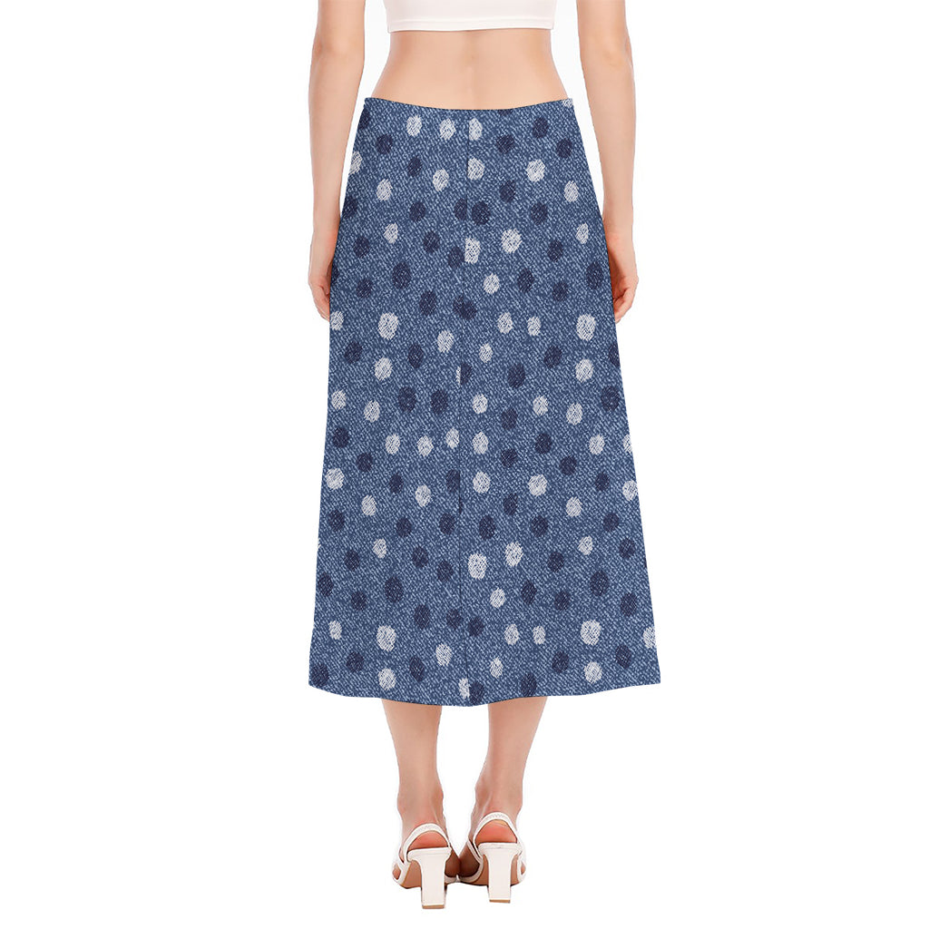 Cute Polka Dot Denim Jeans Pattern Print Side Slit Midi Skirt
