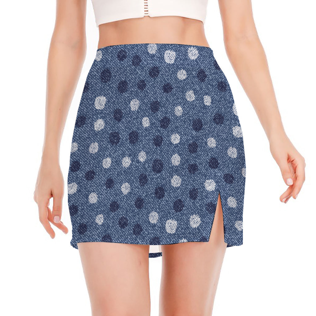 Cute Polka Dot Denim Jeans Pattern Print Side Slit Mini Skirt