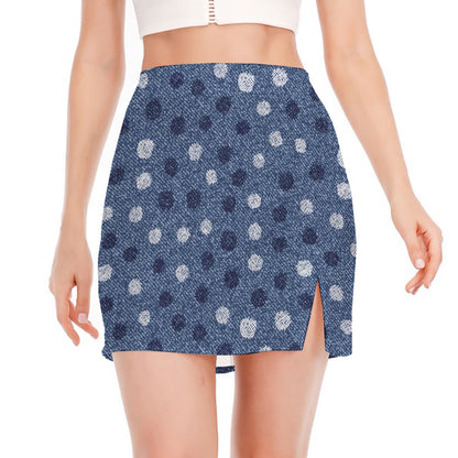 Cute Polka Dot Denim Jeans Pattern Print Side Slit Mini Skirt