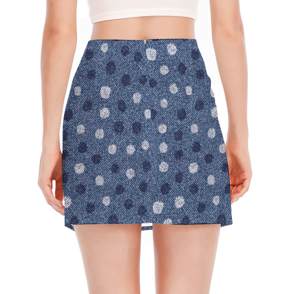 Cute Polka Dot Denim Jeans Pattern Print Side Slit Mini Skirt