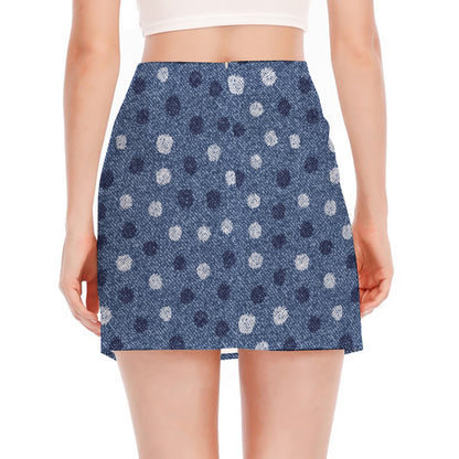 Cute Polka Dot Denim Jeans Pattern Print Side Slit Mini Skirt