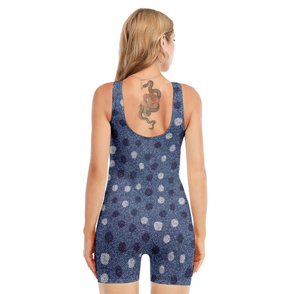 Cute Polka Dot Denim Jeans Pattern Print Sleeveless One Piece Swimsuit