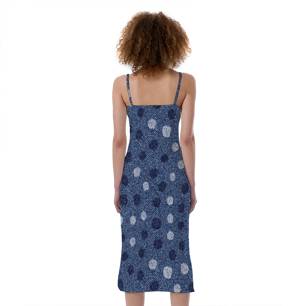 Cute Polka Dot Denim Jeans Pattern Print Slim Fit Midi Cami Dress