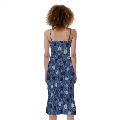 Cute Polka Dot Denim Jeans Pattern Print Slim Fit Midi Cami Dress