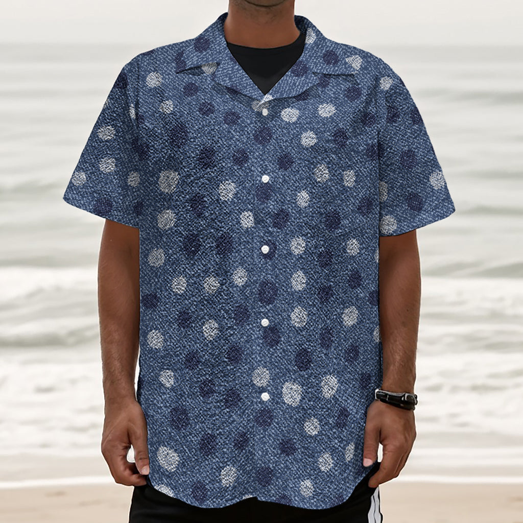 Cute Polka Dot Denim Jeans Pattern Print Textured Short Sleeve Shirt