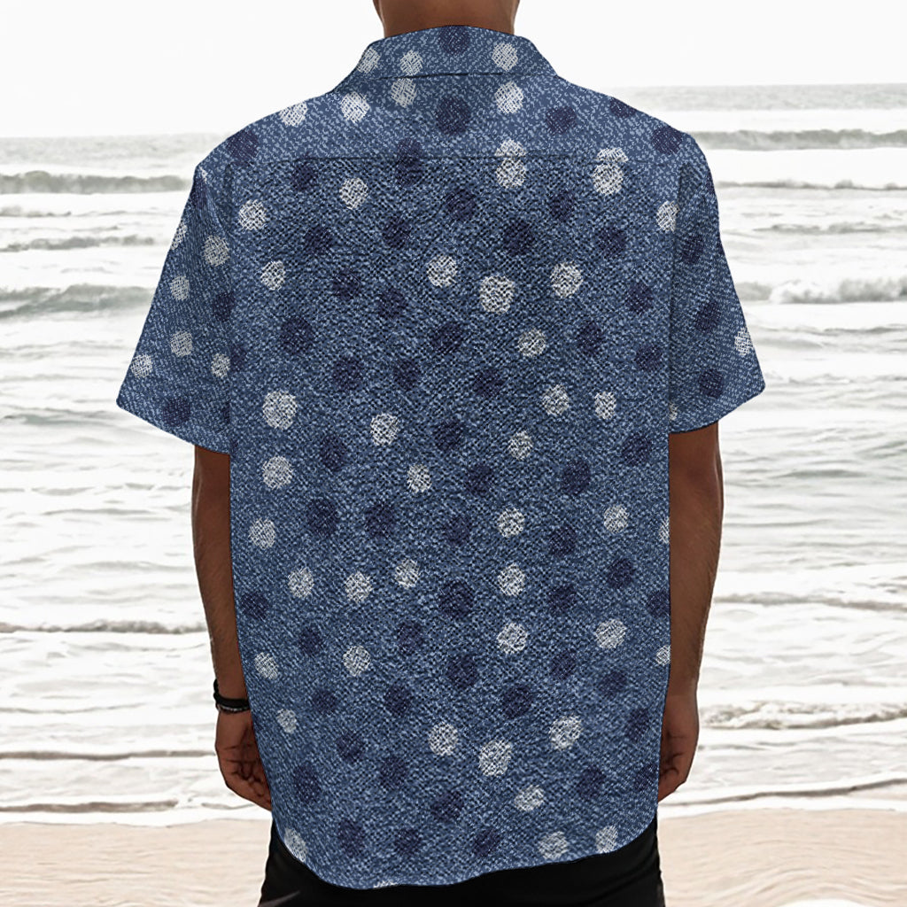 Cute Polka Dot Denim Jeans Pattern Print Textured Short Sleeve Shirt