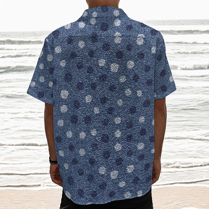Cute Polka Dot Denim Jeans Pattern Print Textured Short Sleeve Shirt