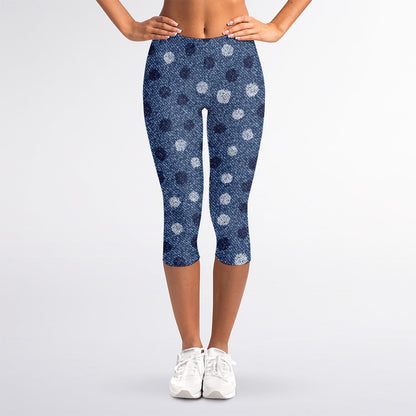 Cute Polka Dot Denim Jeans Pattern Print Women's Capri Leggings
