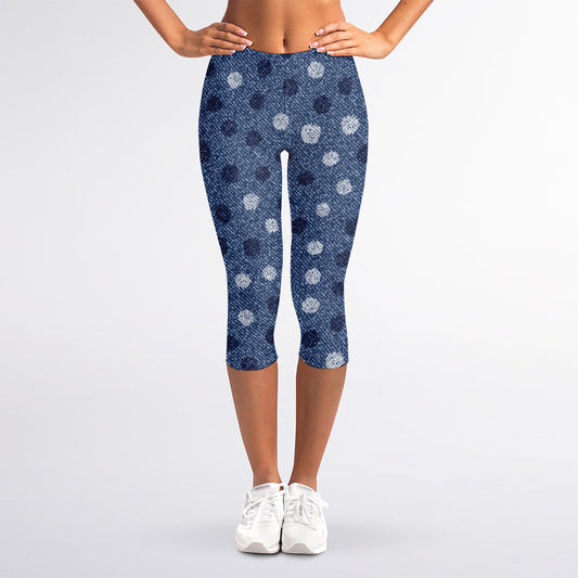 Cute Polka Dot Denim Jeans Pattern Print Women's Capri Leggings