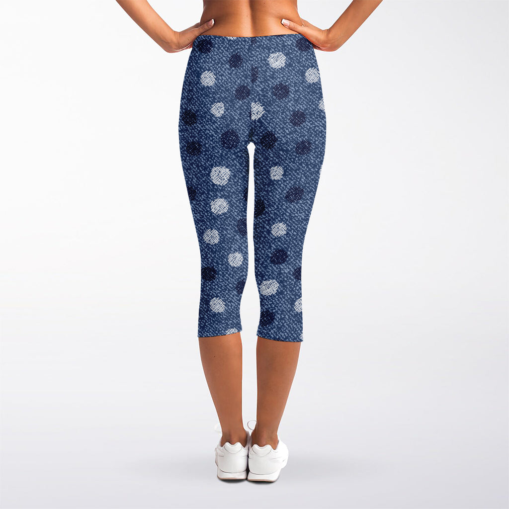 Cute Polka Dot Denim Jeans Pattern Print Women's Capri Leggings