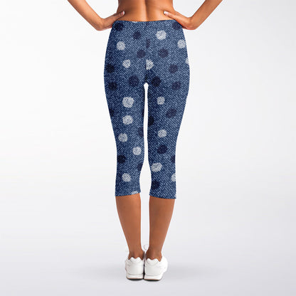 Cute Polka Dot Denim Jeans Pattern Print Women's Capri Leggings
