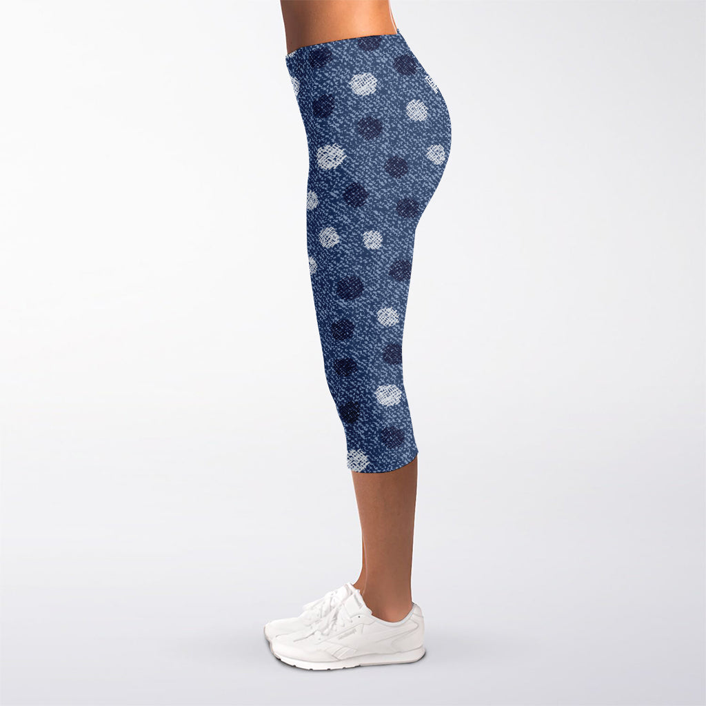 Cute Polka Dot Denim Jeans Pattern Print Women's Capri Leggings