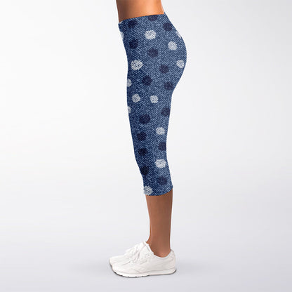 Cute Polka Dot Denim Jeans Pattern Print Women's Capri Leggings