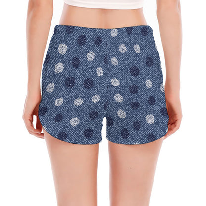 Cute Polka Dot Denim Jeans Pattern Print Women's Split Running Shorts