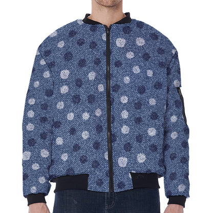 Cute Polka Dot Denim Jeans Pattern Print Zip Sleeve Bomber Jacket