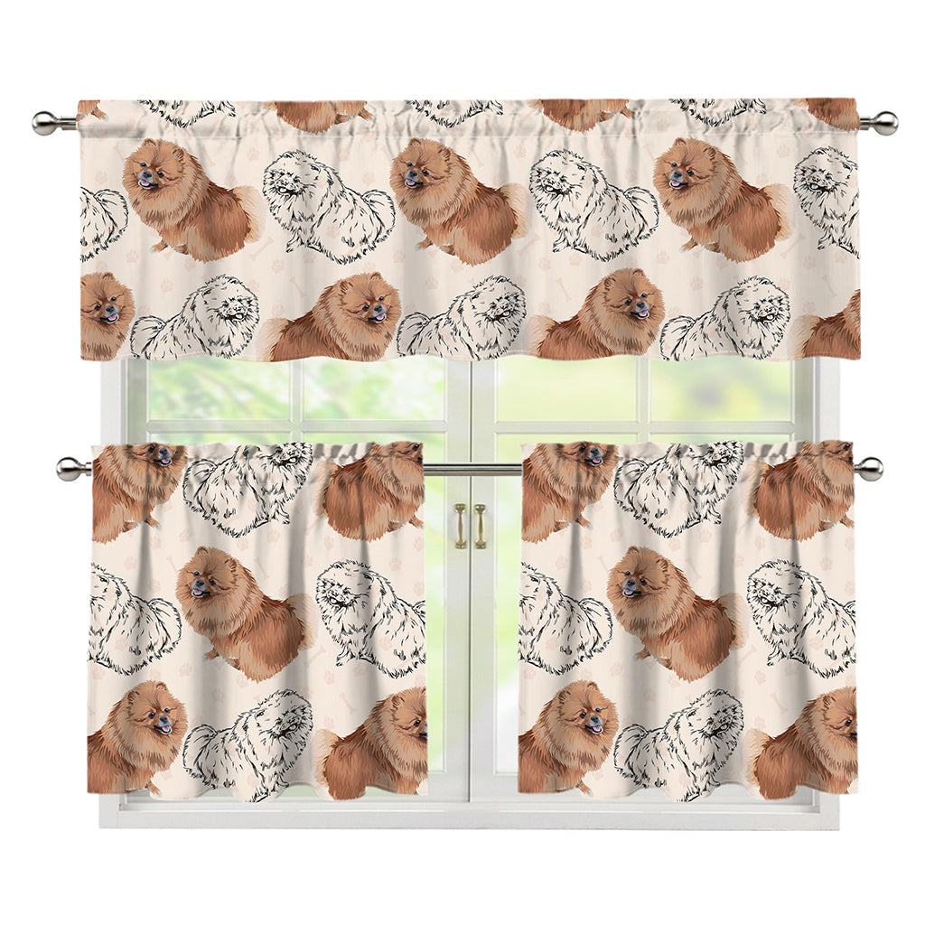 Cute Pomeranian Pattern Print 3 Piece Kitchen Curtains