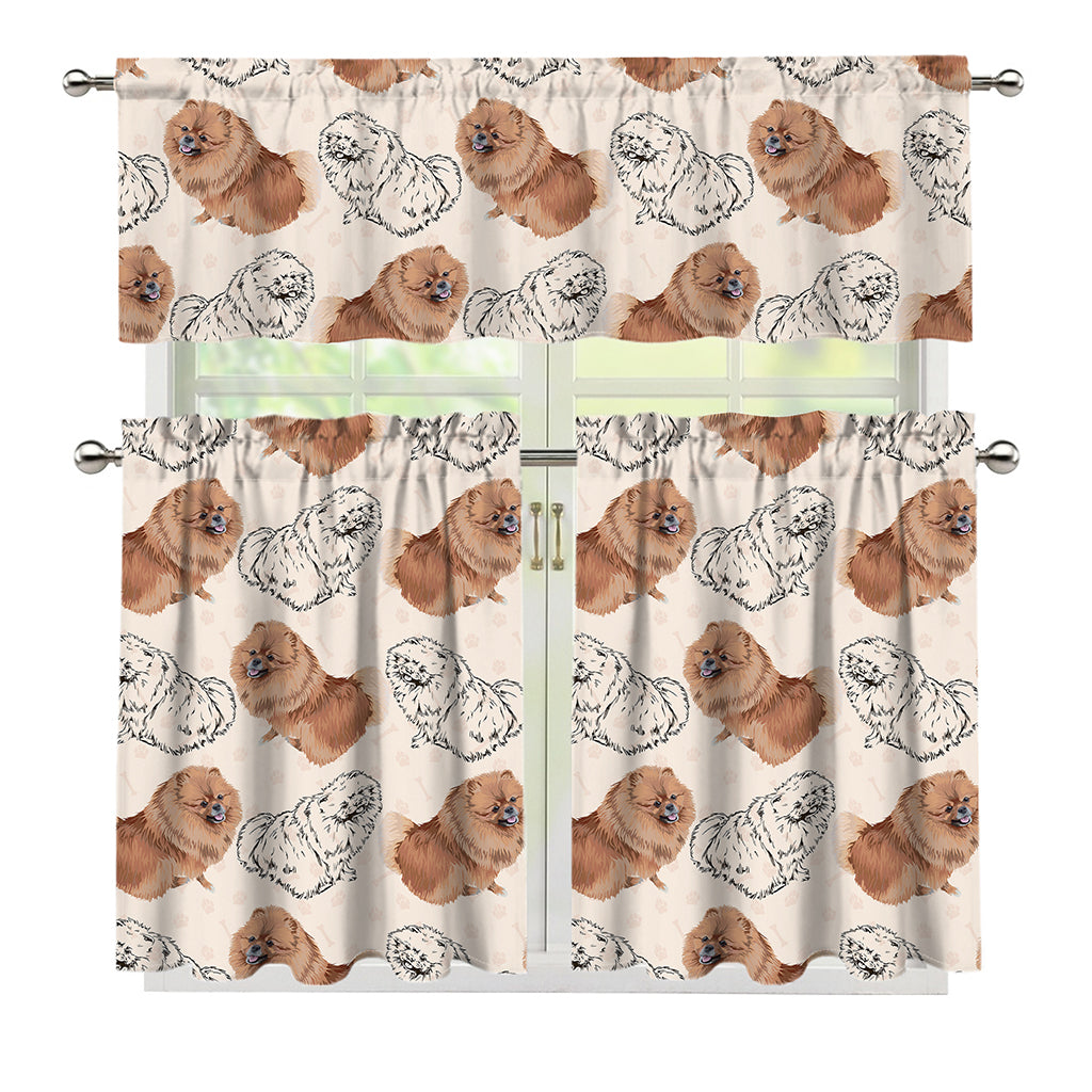 Cute Pomeranian Pattern Print 3 Piece Kitchen Curtains