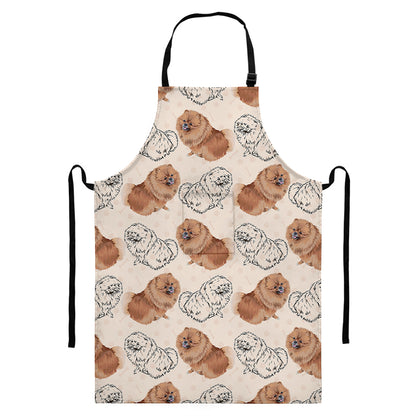 Cute Pomeranian Pattern Print Bib Apron With Pocket