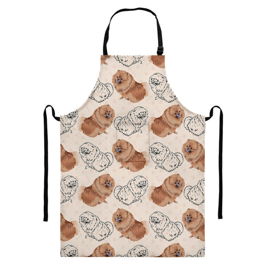 Cute Pomeranian Pattern Print Bib Apron With Pocket