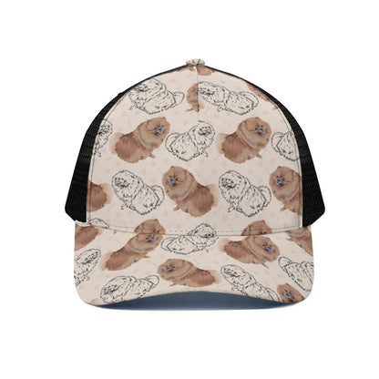 Cute Pomeranian Pattern Print Black Mesh Trucker Cap