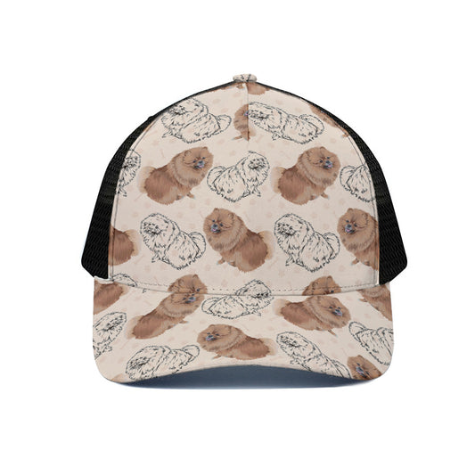 Cute Pomeranian Pattern Print Black Mesh Trucker Cap