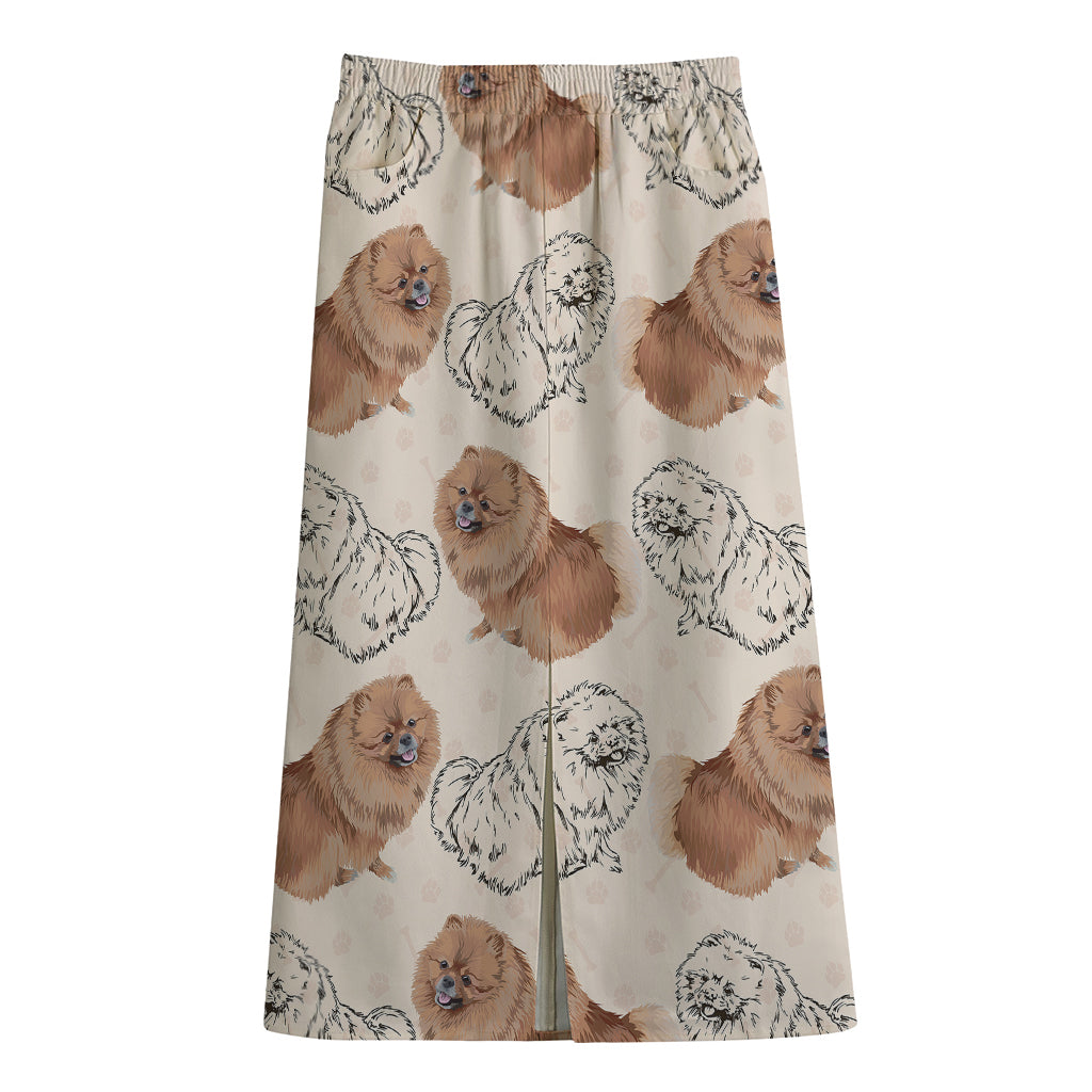 Cute Pomeranian Pattern Print Cotton Front Slit Maxi Skirt