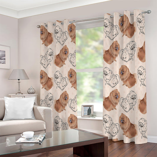 Cute Pomeranian Pattern Print Extra Wide Grommet Curtains