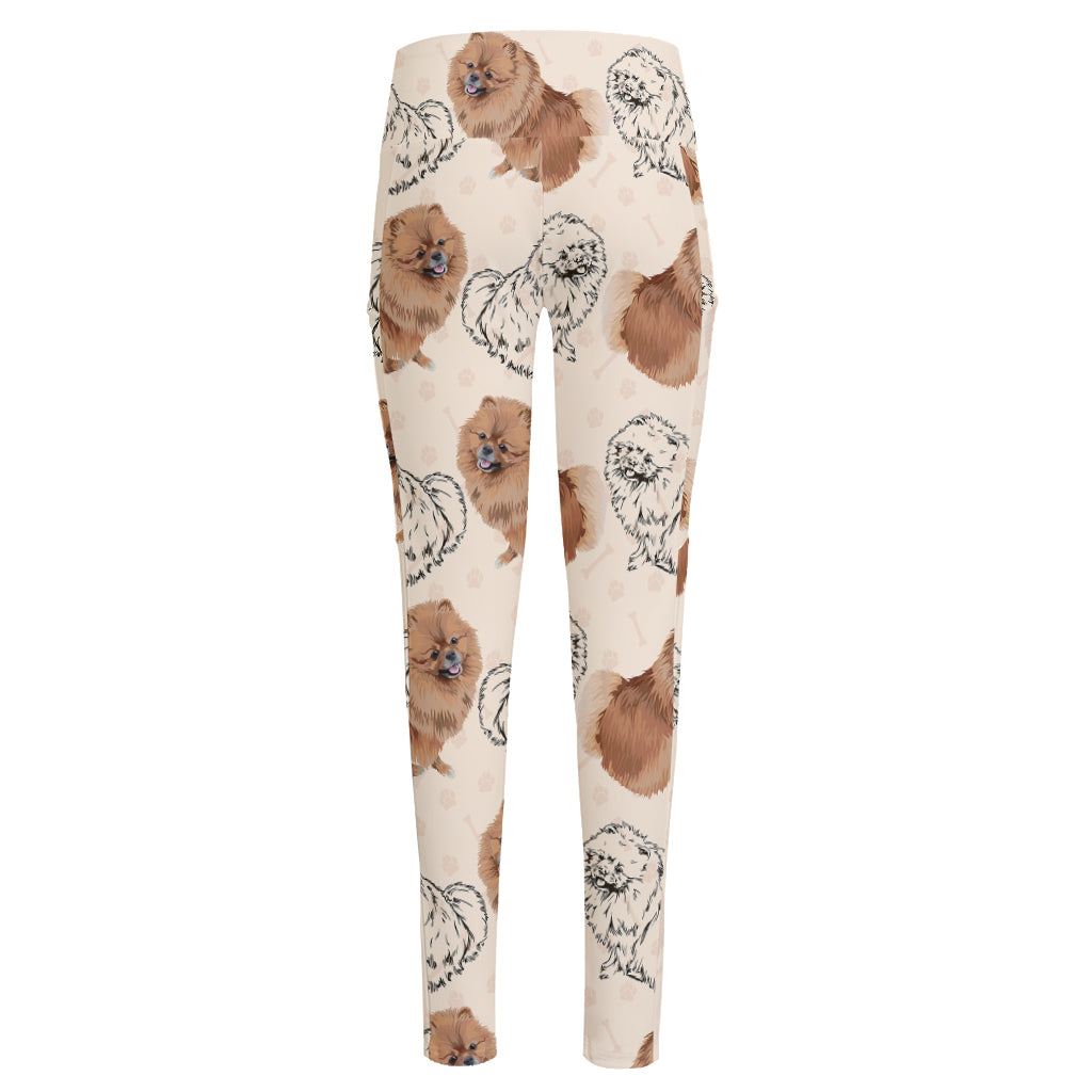 Cute Pomeranian Pattern Print High-Waisted Pocket Leggings