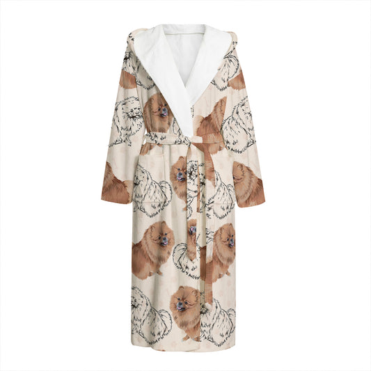 Cute Pomeranian Pattern Print Hooded Bathrobe