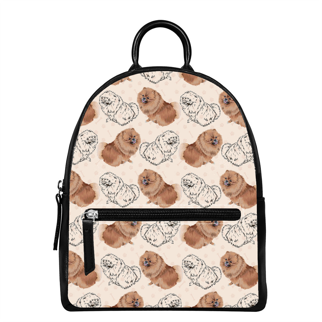 Cute Pomeranian Pattern Print Leather Backpack