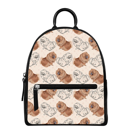 Cute Pomeranian Pattern Print Leather Backpack