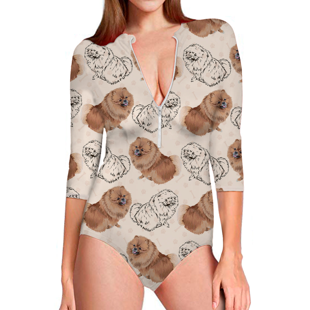 Cute Pomeranian Pattern Print Long Sleeve Swimsuit