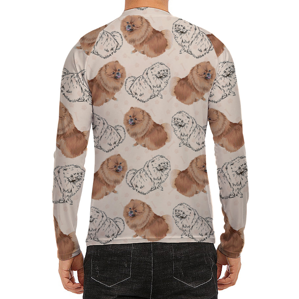 Cute Pomeranian Pattern Print Men's Long Sleeve Rash Guard