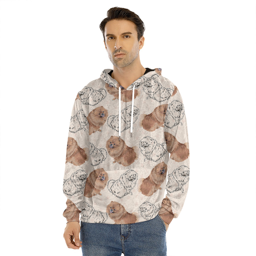 Cute Pomeranian Pattern Print Men's Velvet Pullover Hoodie