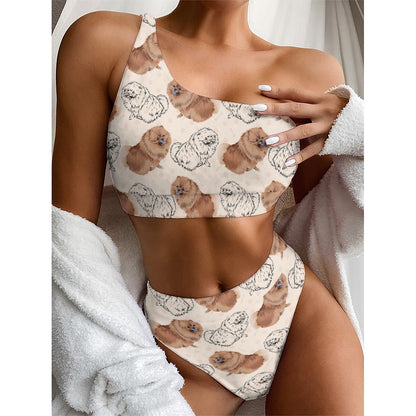Cute Pomeranian Pattern Print One Shoulder Bikini Top